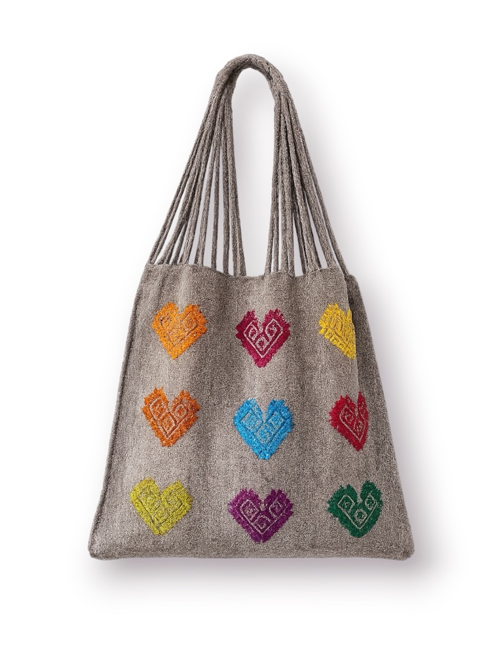 Mexican Handcrafted Grey Wool Knit Shoulder Tote, Woven Hearts Market Bag - Picture 17 of 17